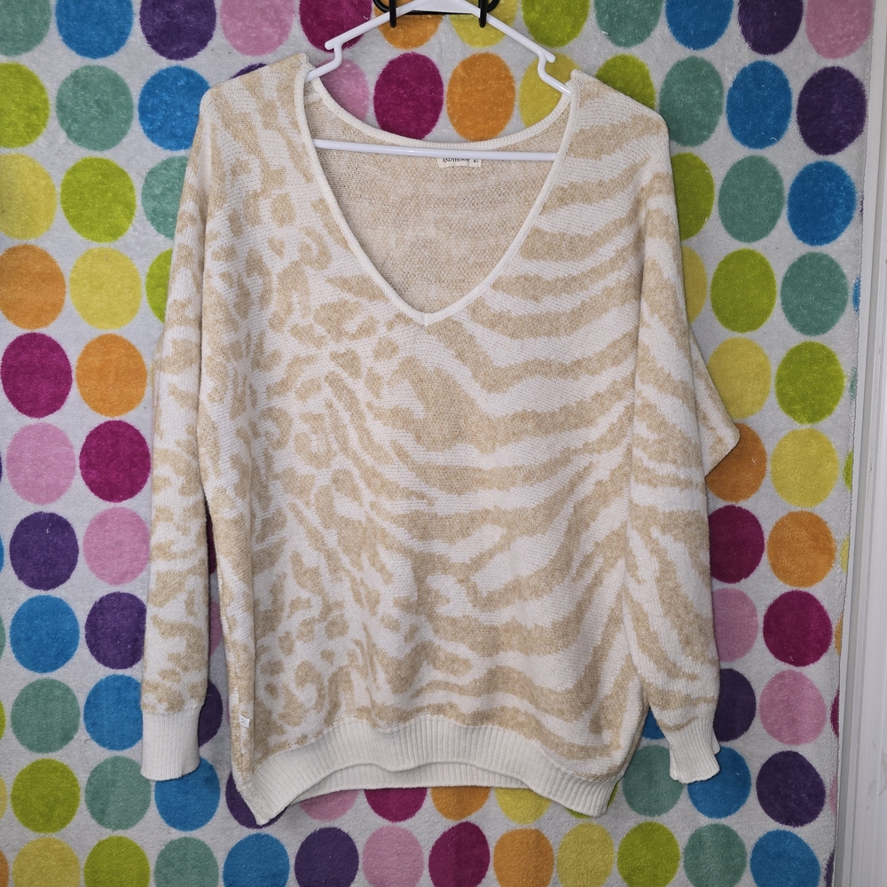 Cream V-Neck Sweater with Organic Stripes